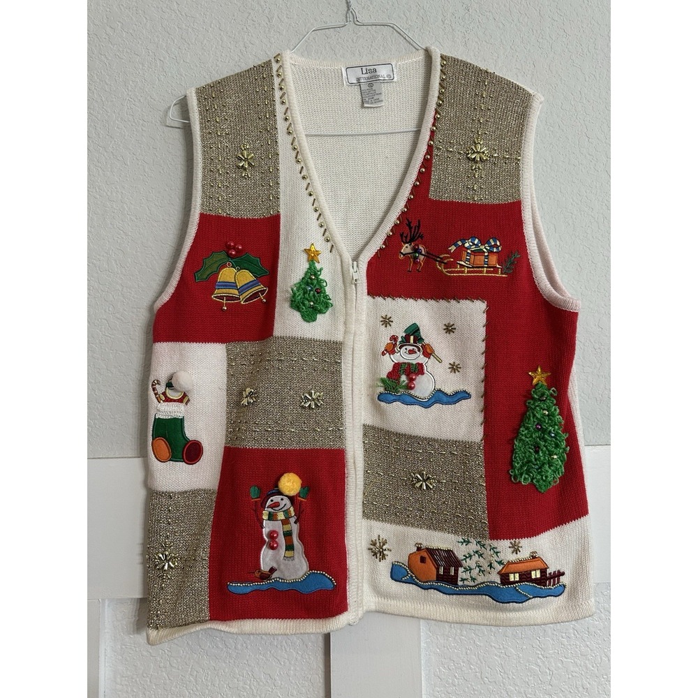 Lisa International Christmas Patchwork Zip Up Sweater Vest~Size XLSleeveless